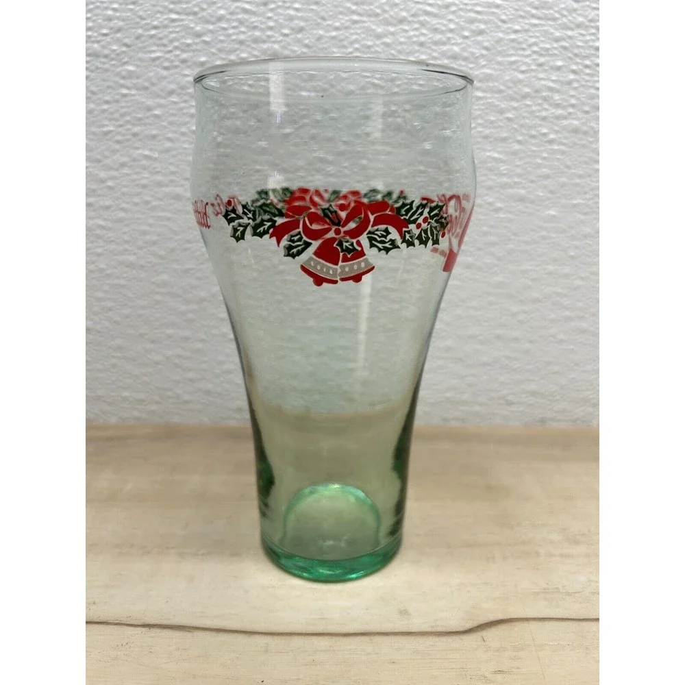 Vintage Coca Cola Clear Green Soda Glass Feliz Navidad Christmas Holiday Bells